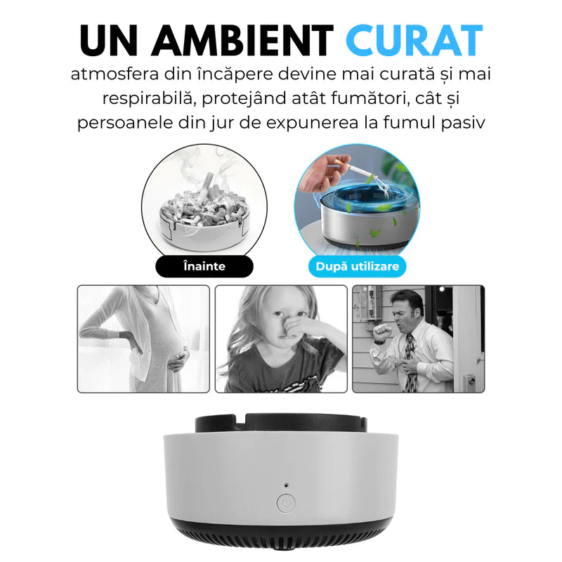 Scrumiera Electrica Multifunctionala 3-in-1, Aspirare Fum 360°, Purificare Aer, Tableta Odorizanta, Oprire Automata, Alimentare pe Baterii, Verde