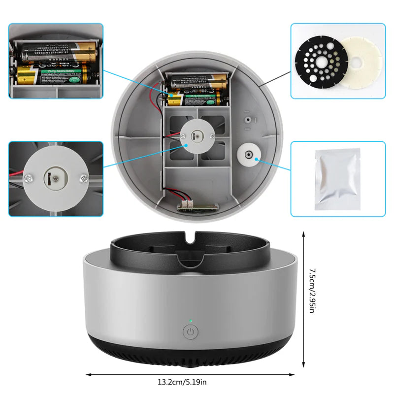 Scrumiera Electrica Multifunctionala 3-in-1, Aspirare Fum 360°, Purificare Aer, Tableta Odorizanta, Oprire Automata, Alimentare pe Baterii, Verde