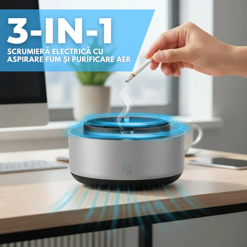 Scrumiera Electrica Multifunctionala 3-in-1, Aspirare Fum 360°, Purificare Aer, Tableta Odorizanta, Oprire Automata, Alimentare pe Baterii, Verde