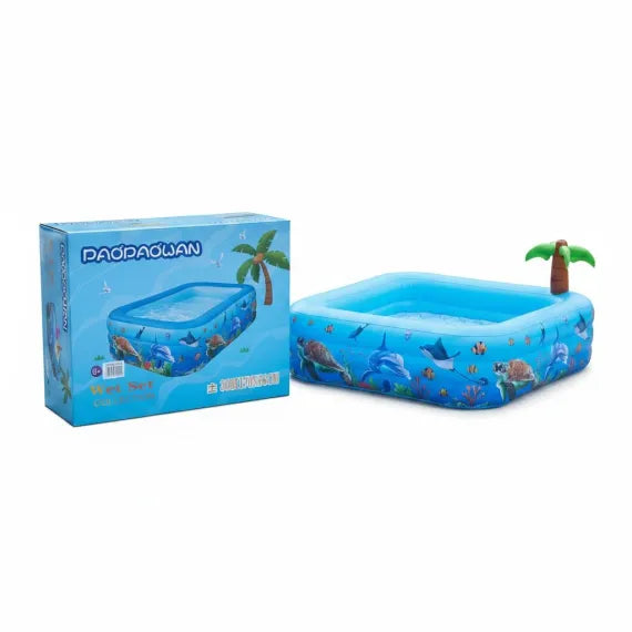 Piscină Gonflabilă Dreptunghiulară cu 3 inele pentru Copii și Familie, Design Ocean, 300 x 170 x 56 cm