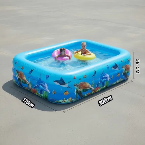 Piscină Gonflabilă Dreptunghiulară cu 3 inele pentru Copii și Familie, Design Ocean, 300 x 170 x 56 cm