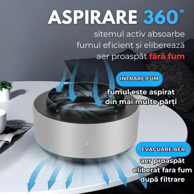 Scrumiera Electrica Multifunctionala 3-in-1, Aspirare Fum 360°, Purificare Aer, Tableta Odorizanta, Oprire Automata, Alimentare pe Baterii, Verde