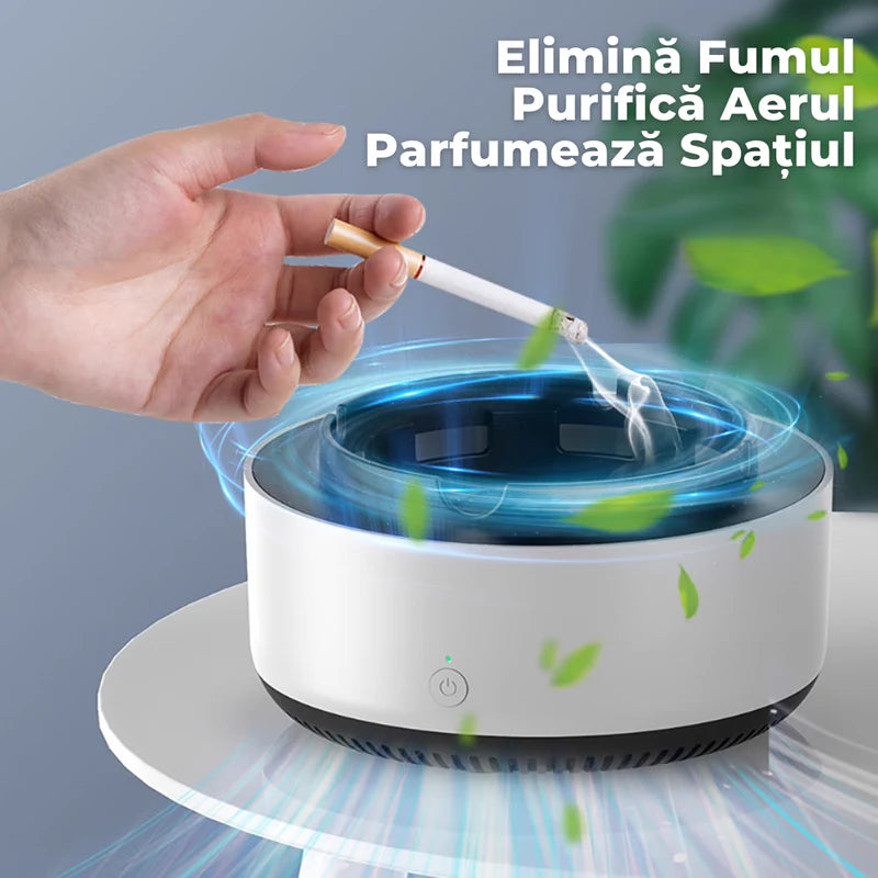 Scrumiera Electrica Multifunctionala 3-in-1, Aspirare Fum 360°, Purificare Aer, Tableta Odorizanta, Oprire Automata, Alimentare pe Baterii, Verde