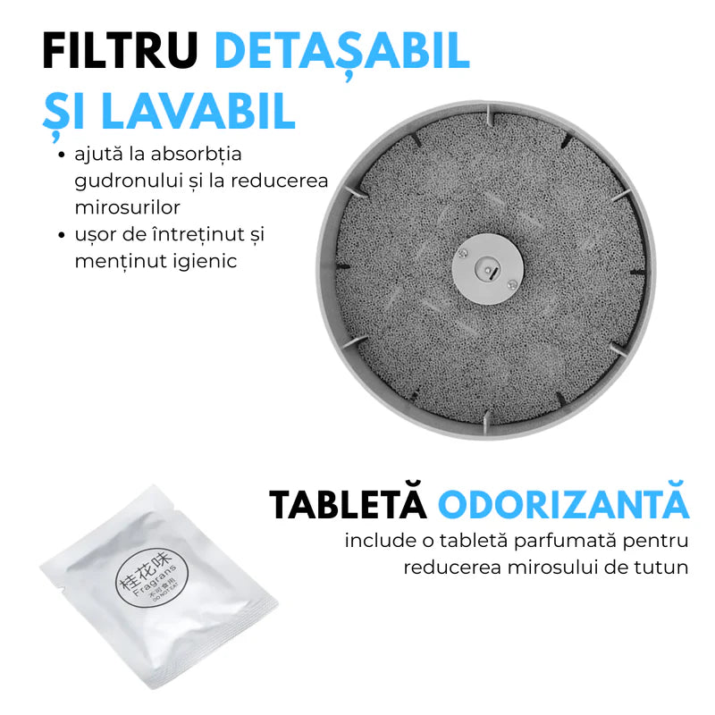 Scrumiera Electrica Multifunctionala 3-in-1, Aspirare Fum 360°, Purificare Aer, Tableta Odorizanta, Oprire Automata, Alimentare pe Baterii, Verde