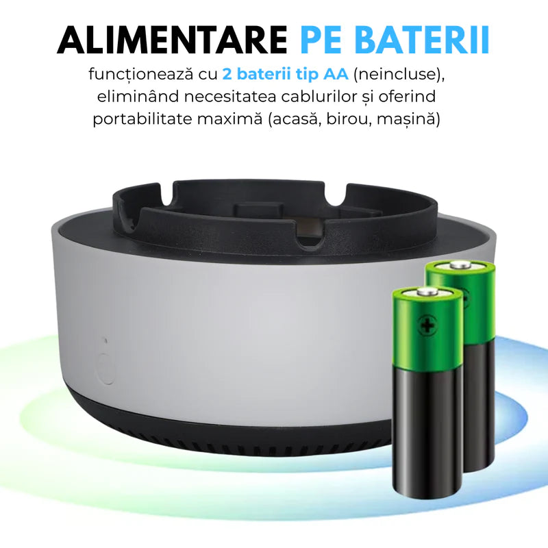 Scrumiera Electrica Multifunctionala 3-in-1, Aspirare Fum 360°, Purificare Aer, Tableta Odorizanta, Oprire Automata, Alimentare pe Baterii, Verde