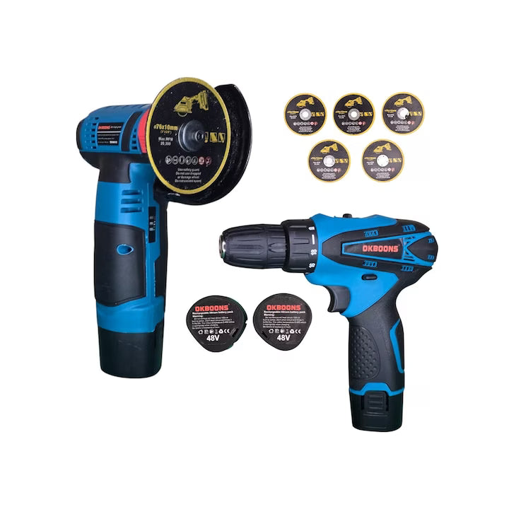 Set Unelte Electrice OKBOONS, Masina de Gaurit si Polizor Unghiular (Flex), 2 Acumulatori 48V, Accesorii Incluse