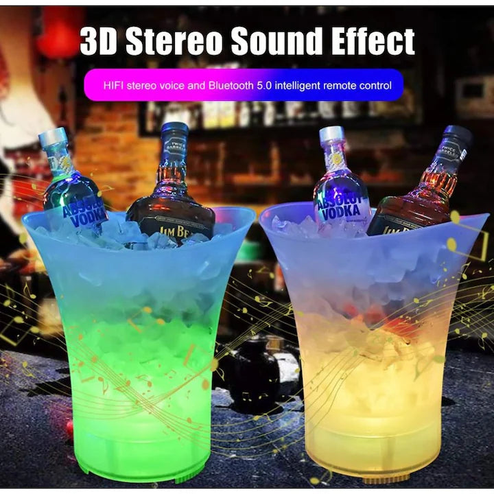 Frapiera 5 L din plastic cu boxa Bluetooth 10W iluminare LED RGB acumulator autonomie 6 h sunet 360° galeata gheata pentru bere sticle si doze