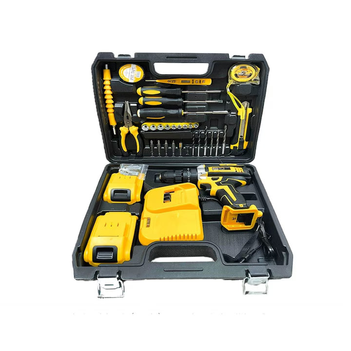 Set Masina de gaurit, Surubenita electrica, Cu percutie, 2 Acumulatori 48 v, 30 Accesori Incluse, Trusa Inclusa, statie incarcare