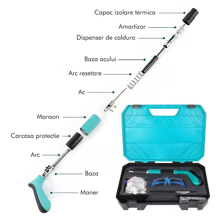 Pistol de Batut Cuie in Beton si Metal, Manual,Cu 50 Cuie Incluse, Ulei Intretinere, Cutie Transport, Accesorii si Ochelarii de protecție