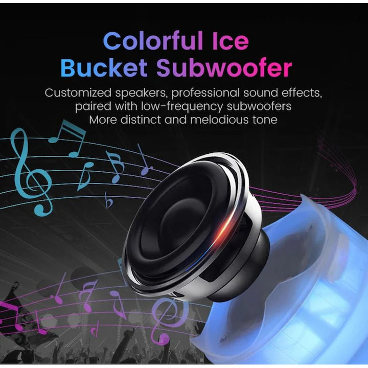 Frapiera 5 L din plastic cu boxa Bluetooth 10W iluminare LED RGB acumulator autonomie 6 h sunet 360° galeata gheata pentru bere sticle si doze