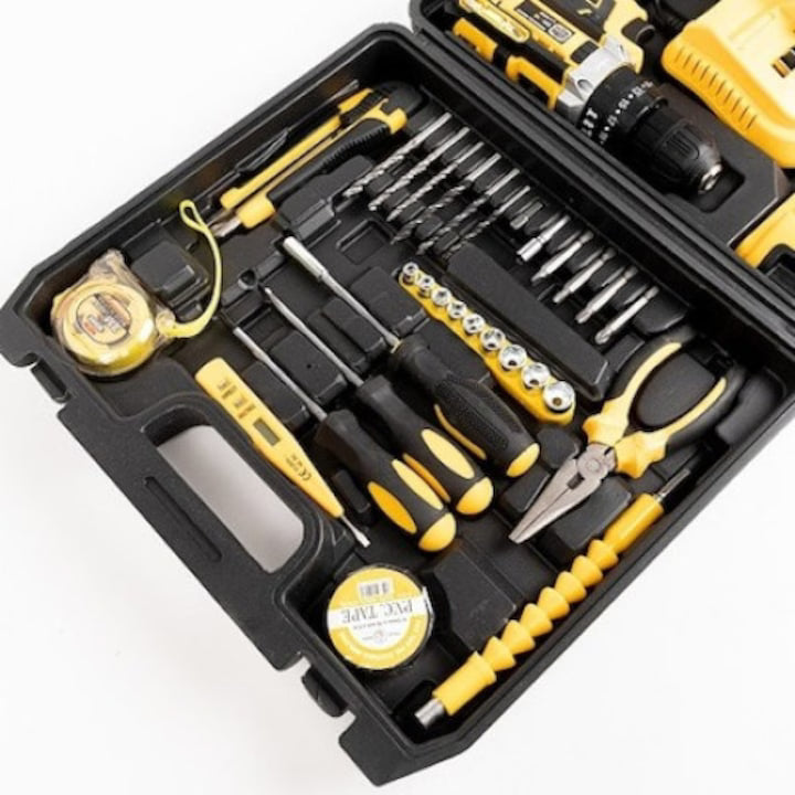 Set Masina de gaurit, Surubenita electrica, Cu percutie, 2 Acumulatori 48 v, 30 Accesori Incluse, Trusa Inclusa, statie incarcare